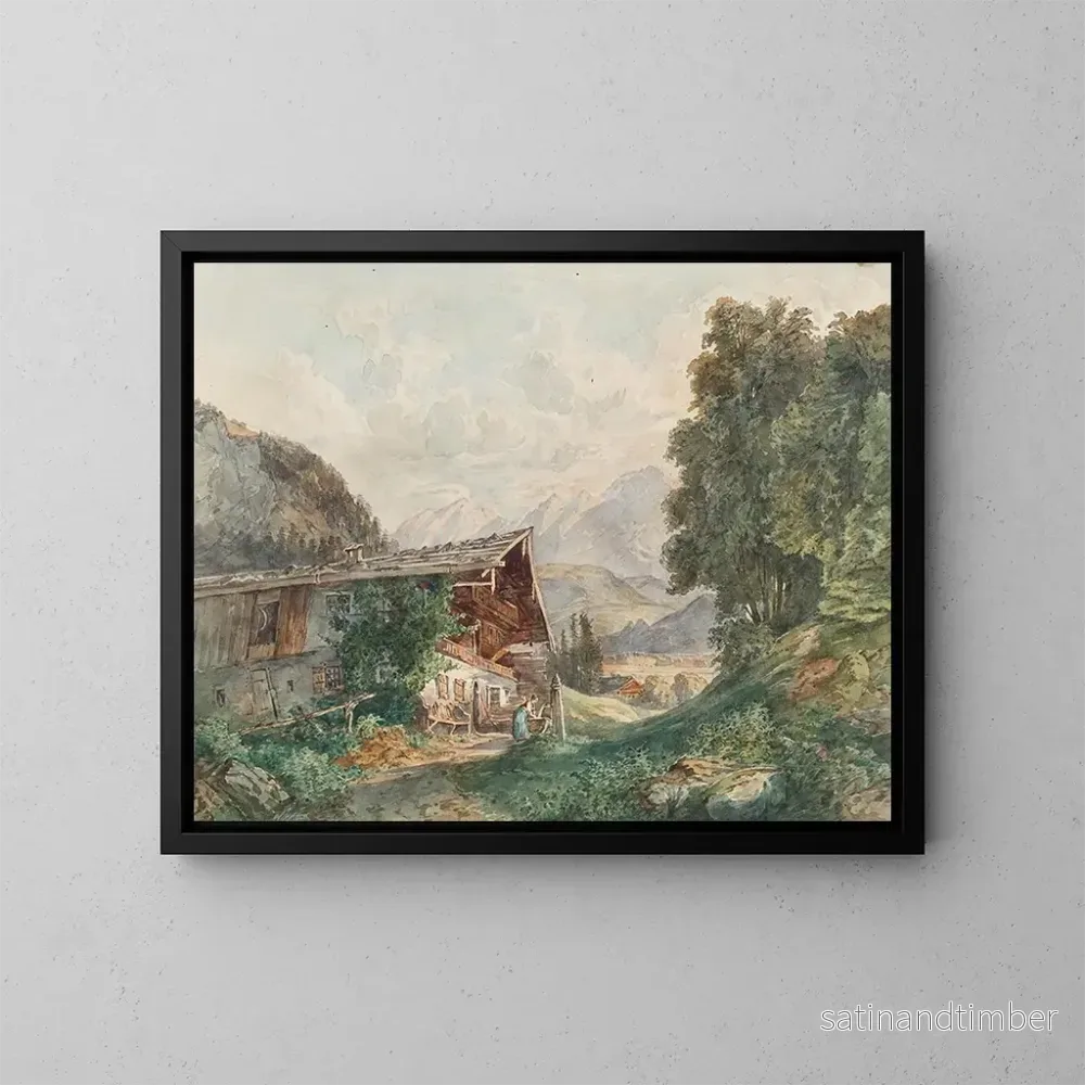 Reproduktion av målningen landskapsalpin med bondgårdshem och kvinna vid brunn - Franz Barbarini