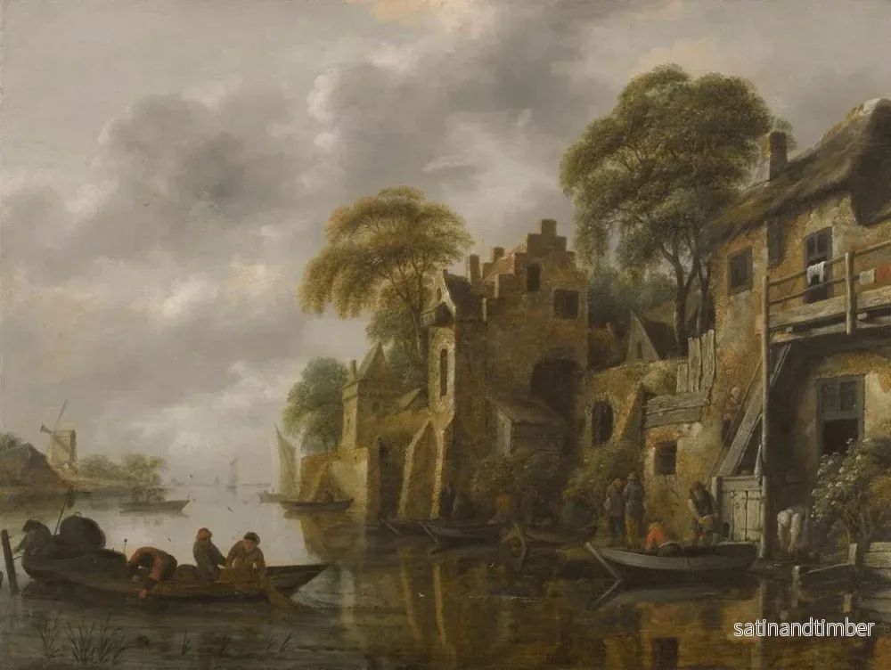 Reproduktion av målningen En flodlandskap med fiskare som lastar sina nät nära en stad - Nicolaes Molenaer - Bild 2