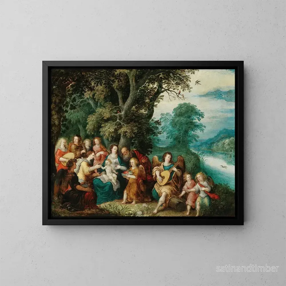 Reproduktion av målningen La Sainte Famille avec des anges musiciens dans un paysage - Louis de Caullery