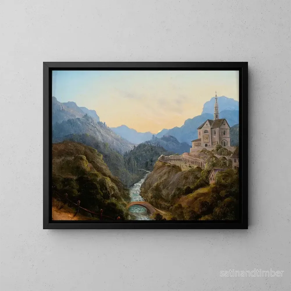 Reproduktion av målningen Landskapsbild med berg, en floddal och ett kloster i kvällsljus - Carl Gustav Carus