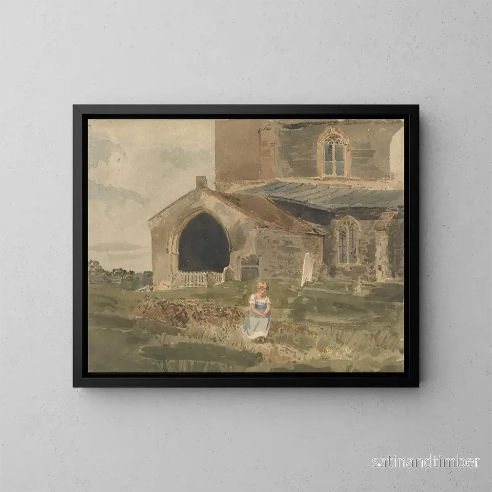 Reproduktion av målningen av en ung flicka som sitter på en strand framför en kyrka - John Thirtle