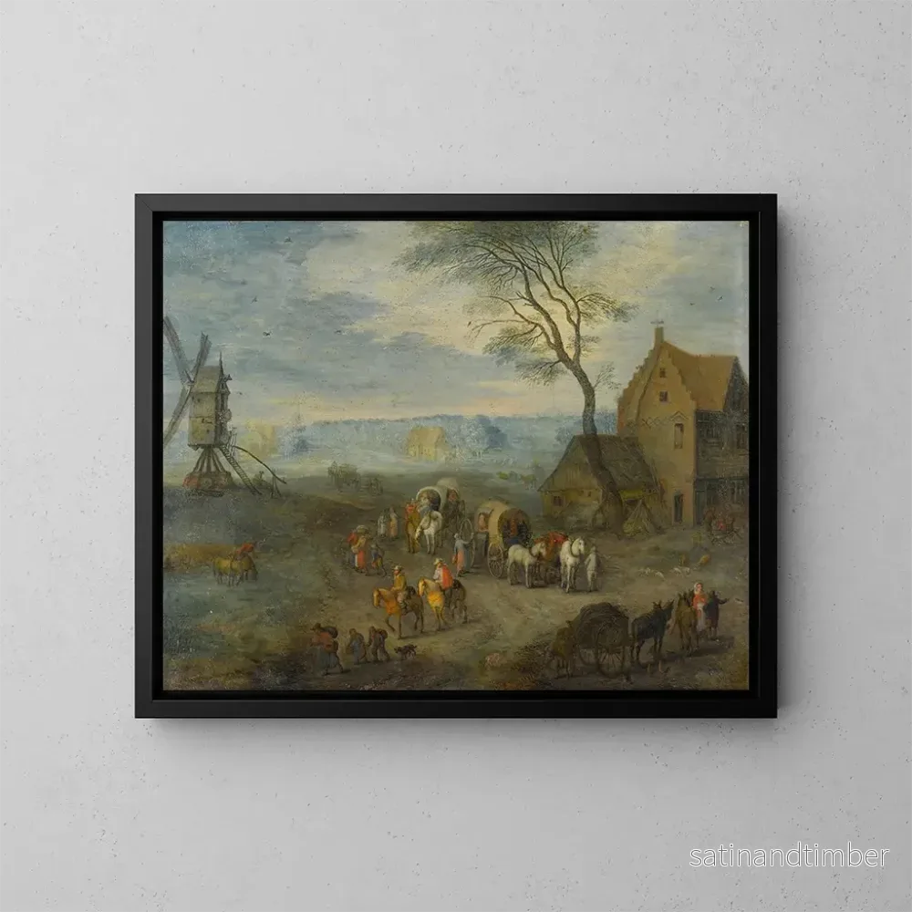 Reproduktion av målningen En landsbygdsscen med resenärer nära ett väderkvarn – Joseph van Bredael Reproduktion av målningen En landsbygdsscen med resenärer nära ett väderkvarn – Joseph van Bredael