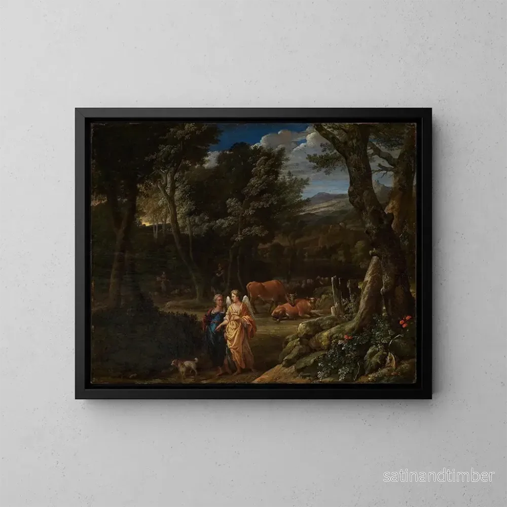 Reproduktion av målningen Tobias och ängeln i ett skoglandskap - Eglon van der Neer