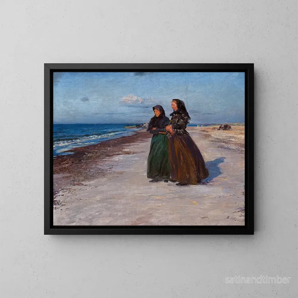 Reproduktion av målningen av två fiskarflickor på stranden under stormväder, norra Jylland - Knud Larsen Bergslien