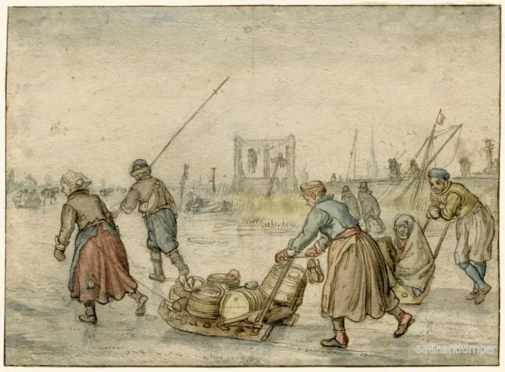 Reproduktion av målningen vinterlandskap med två kvinnor och en pulka och andra figurer på isen, en galge i fjärran - Hendrick Avercamp - Bild 2