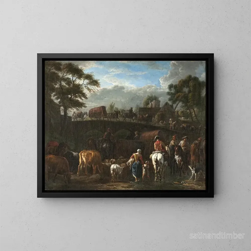Reproduktion av målningen Landskapsmålning med bönder, soldater och boskap - Pieter van Bloemen