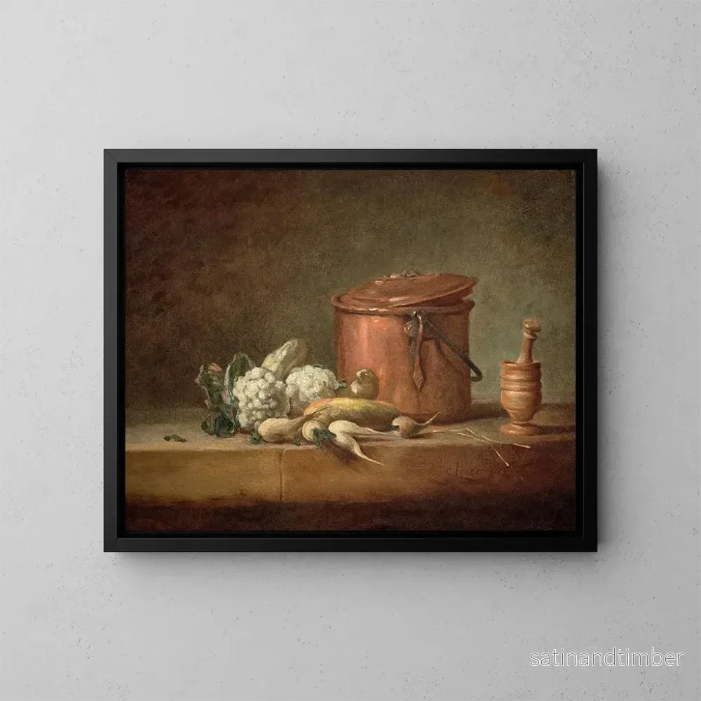 Reproduktion av målningen av kopparmarmite, blomkål och grugeur med sin mortel på ett skåp - Jean Siméon Chardin