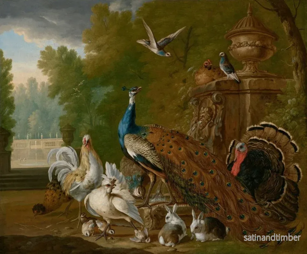 Reproduktion av målningen En påfågel, en kalkon, en höna, några duvor, andra fåglar och kaniner i en parklandskap - Pieter Casteels III - Bild 2