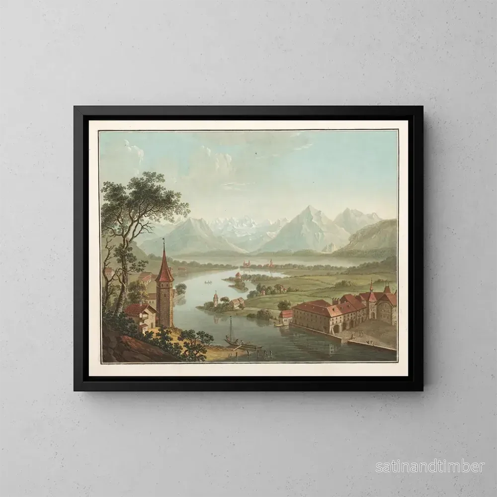 Reproduktion av målningen av sjön och staden Thun med floden Aare, fågelperspektiv från slottsterrassen - Friedrich Rosenberg
