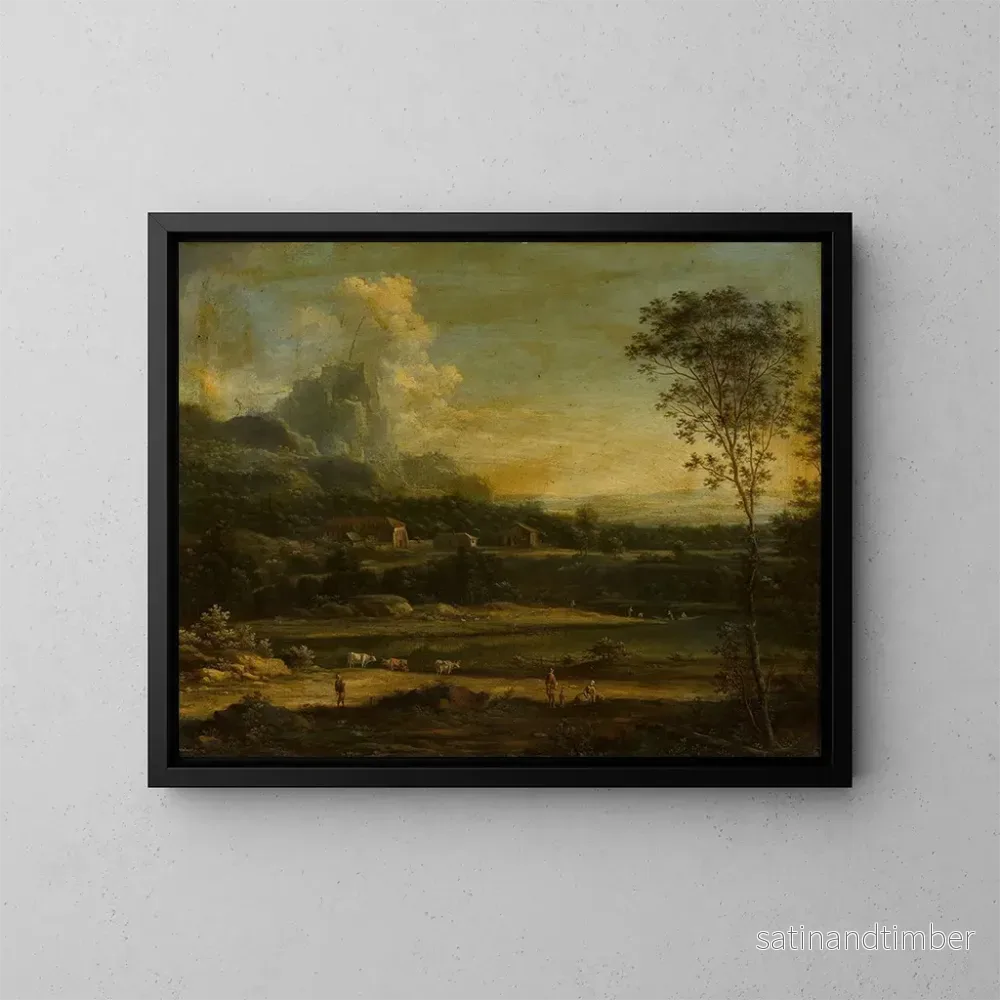 Reproduktion av målningen Landskapsmålning med sjö och byggnader - Johann Christian Vollerdt