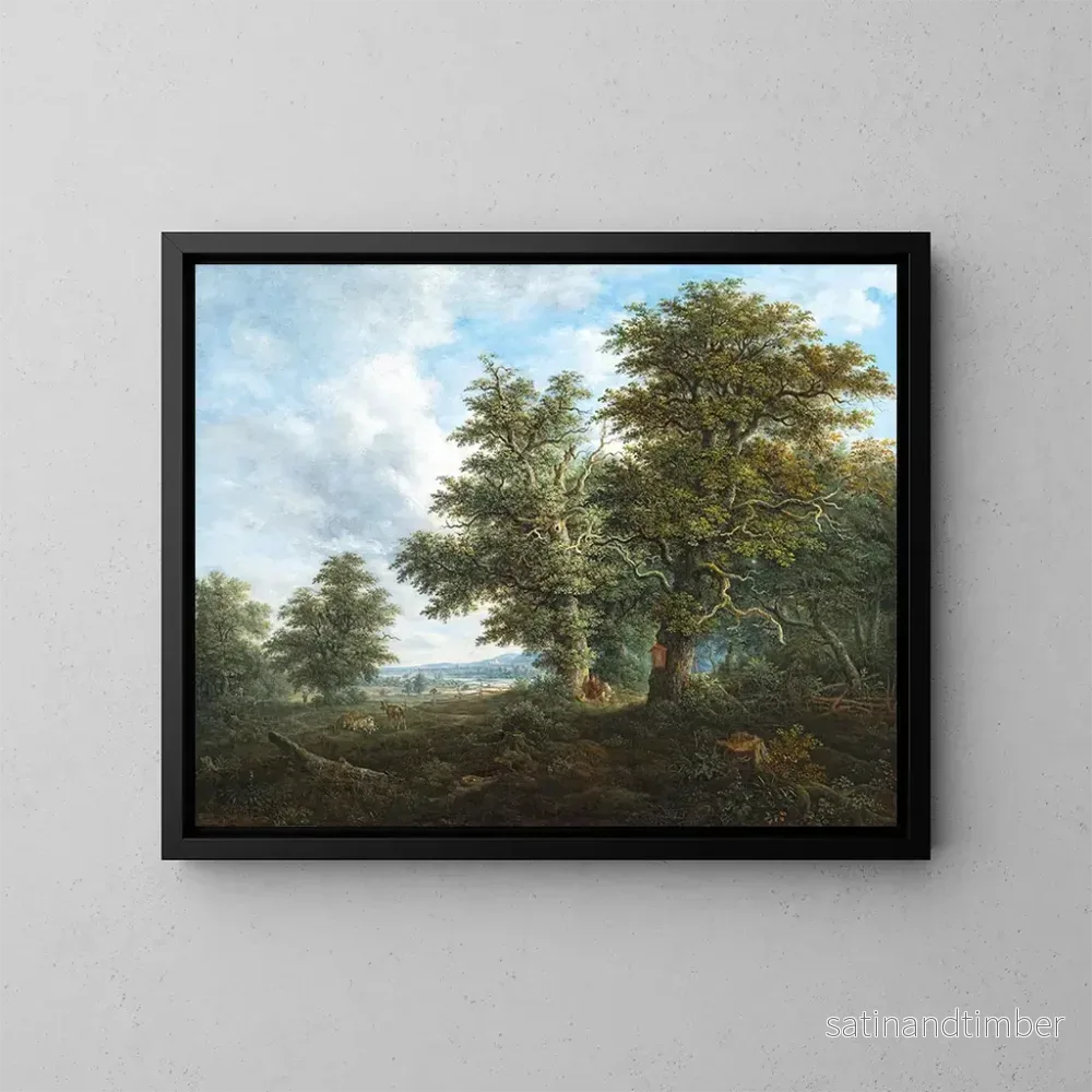 Reproduktion av målningen av ett böljande landskap med en resenär som vilar under en ekskog - Johann Jacob Dorner