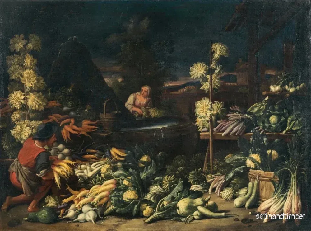 Reproduktion av målningen av fruktförsäljare vid en fontän med grönsaker och blommor - Francesco della Questa - Bild 2