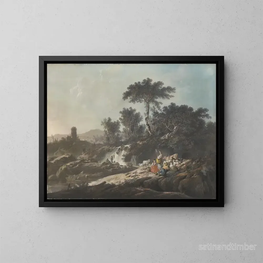 Reproduktion av målningen av bergsgetare som vilar vid en bäck - Jean-Baptiste Pillement