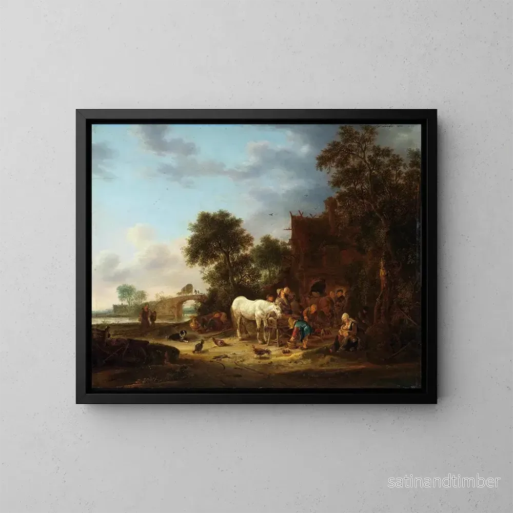 Reproduktion av målningen av landsbygdshotell med en häst vid vattenhål - Isaac van Ostade