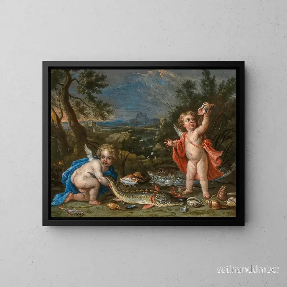 Reproduktion av målningen Två putti med fisk och skaldjur – Jan van Kessel den yngre Reproduktion av målningen Två putti med fisk och skaldjur – Jan van Kessel den yngre