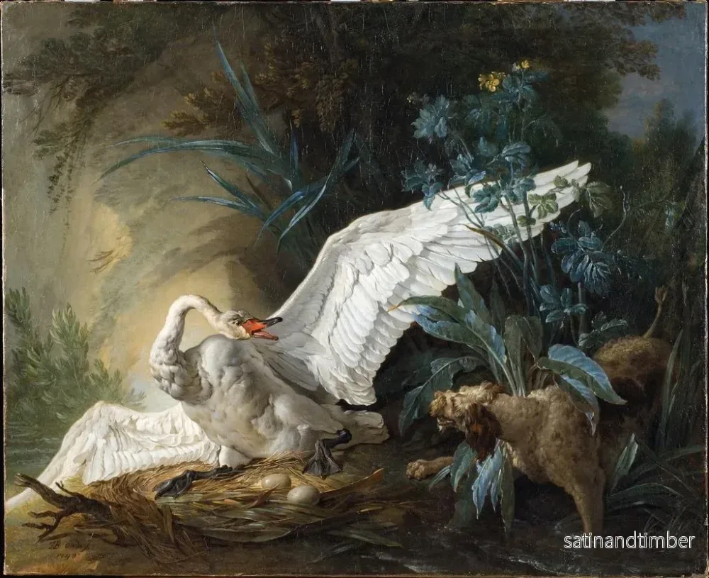 Reproduktion av målningen En enastående vattenhund som överraskar en svan på sitt bo - Jean-Baptiste Oudry - Bild 2