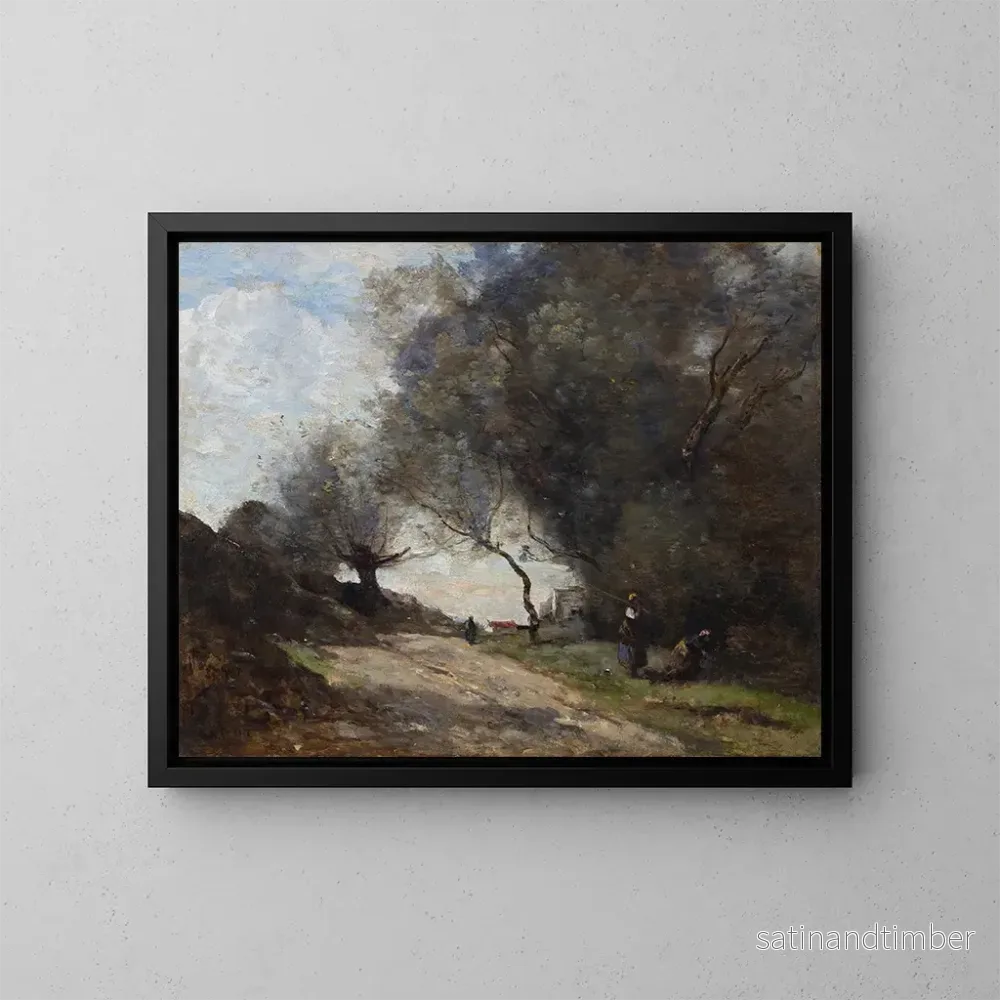 Reproduktion av målningen La cueillette au bord du chemin - Jean-Baptiste-Camille Corot