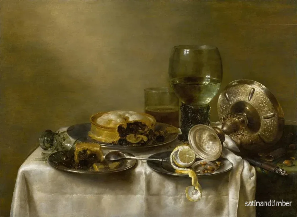 Reproduktion av målningen av still life med en omvänd silverskål, bakverk och en skalad citron på ett bord - Willem Claesz Heda - Bild 2