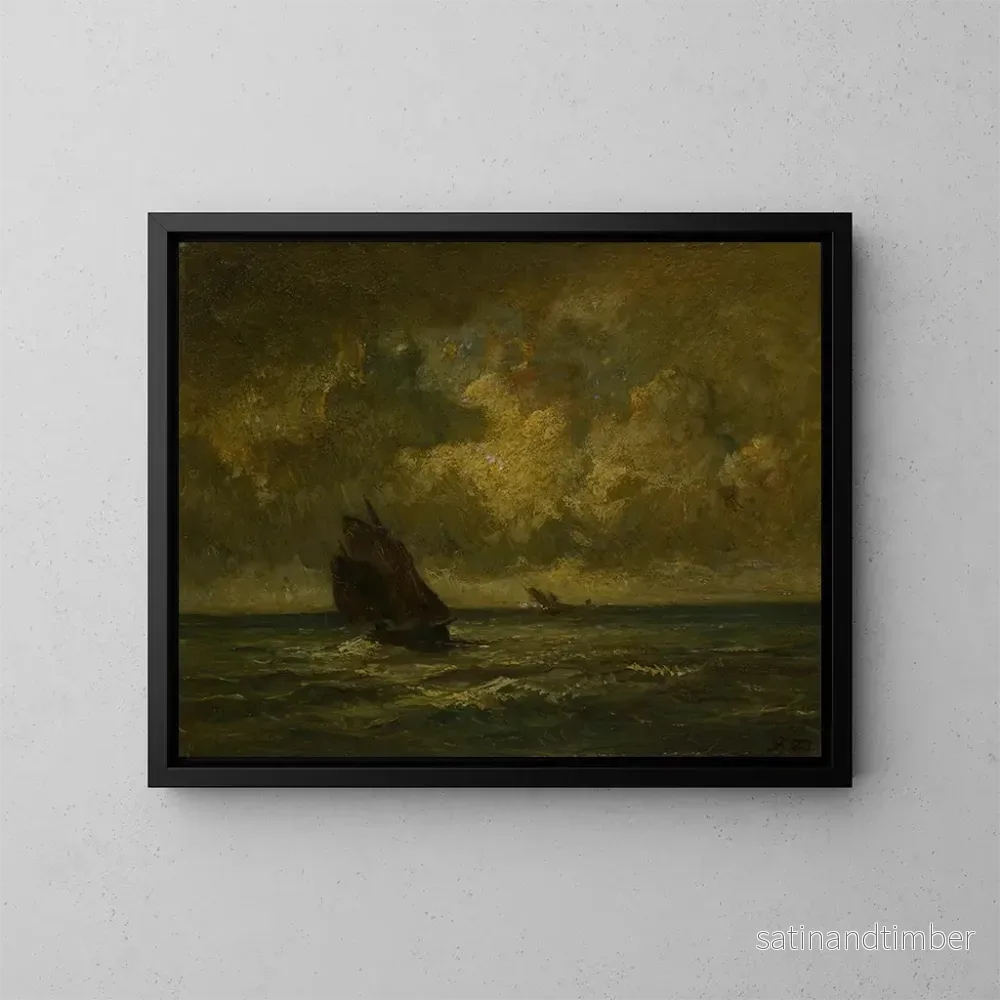 Reproduktion av målningen av två båtar i en storm - Jules Dupré