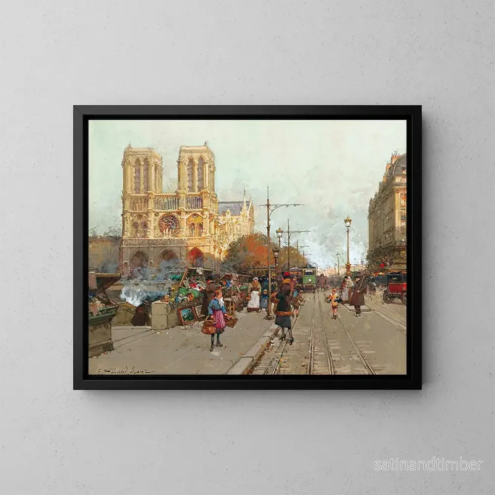 Reproduktion av målningen Notre-Dame de Paris sedd från Quai de Montebello - Eugène Galien-Laloue