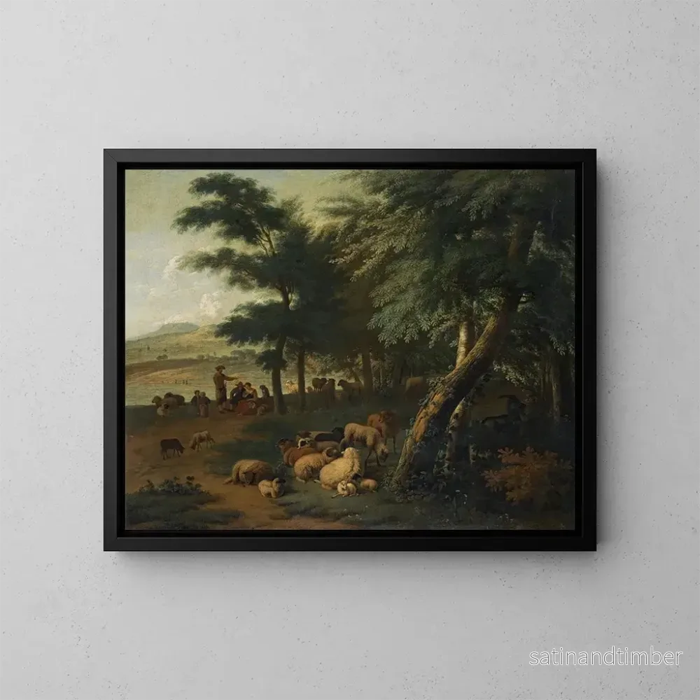 Reproduktion av målningen av bergsängsbetare som vilar med sin hjord vid kanten av en skog - Jan van der Meer le Jeune