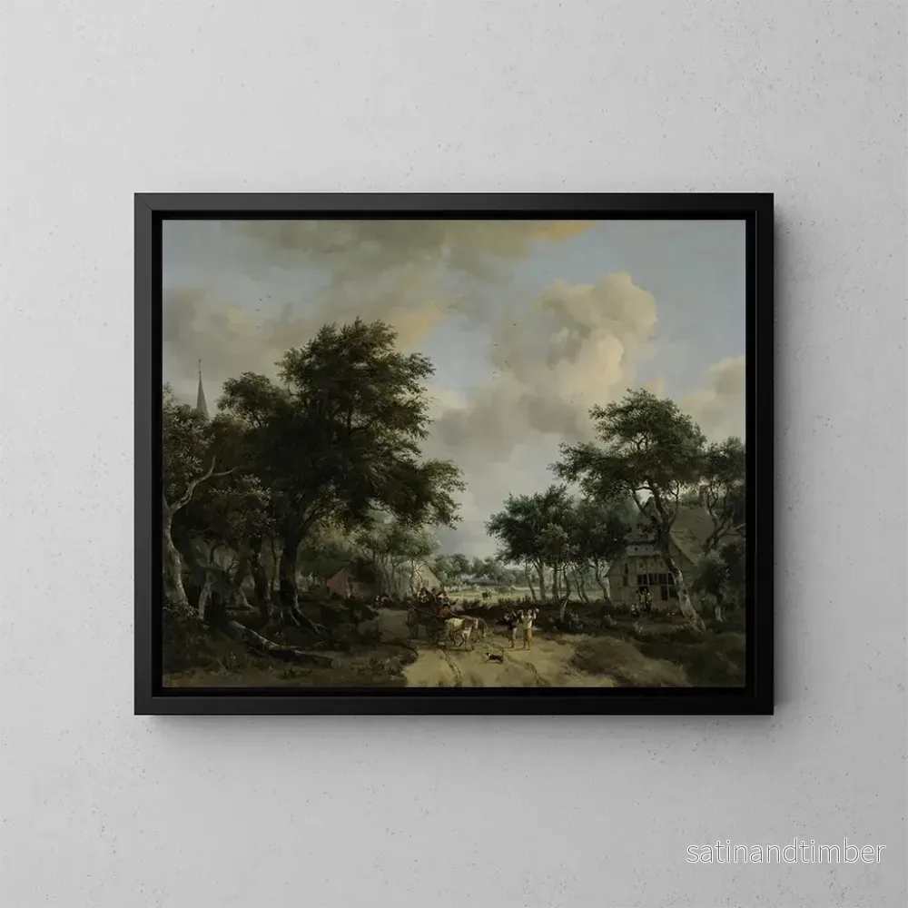 Reproduktion av målningen av ett skogigt landskap med glada följeslagare i en vagn - Meindert Hobbema
