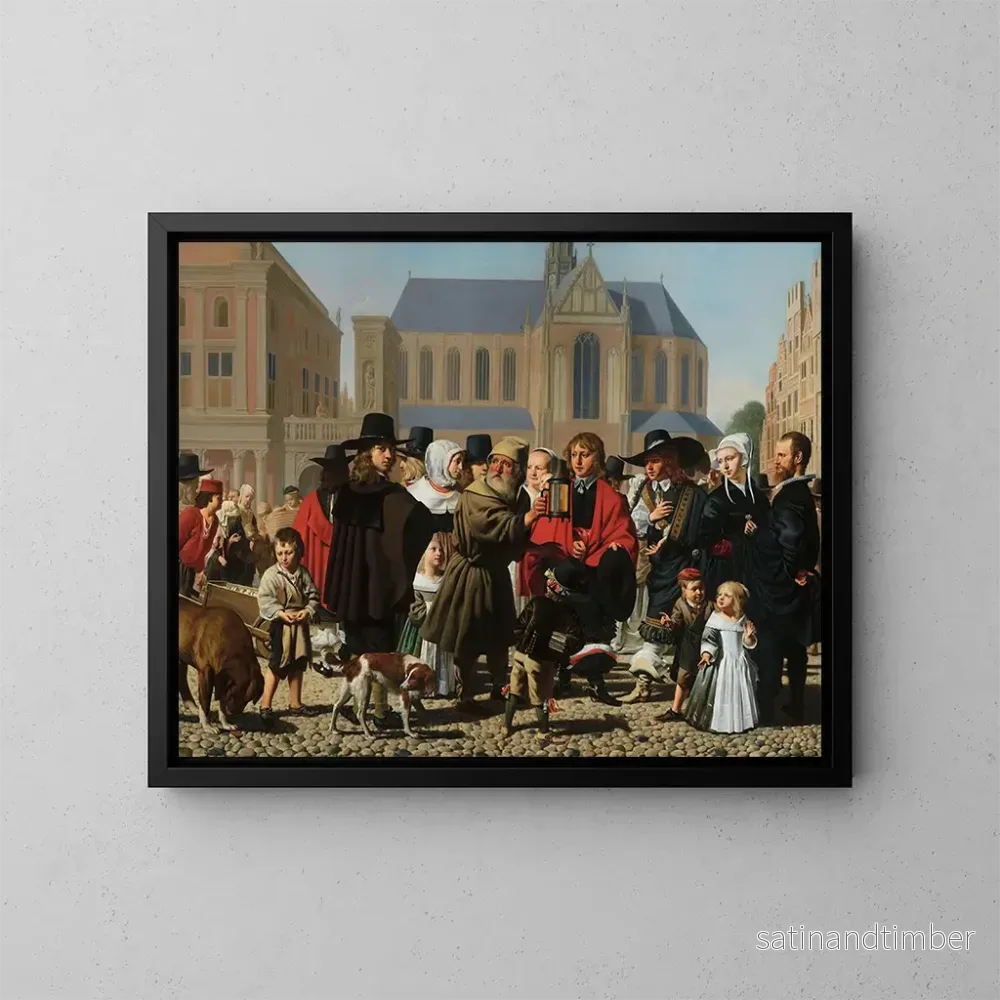 Reproduktion av målningen Diogène i jakten på en ärlig man, familjeporträtt av Steyn - Caesar van Everdingen