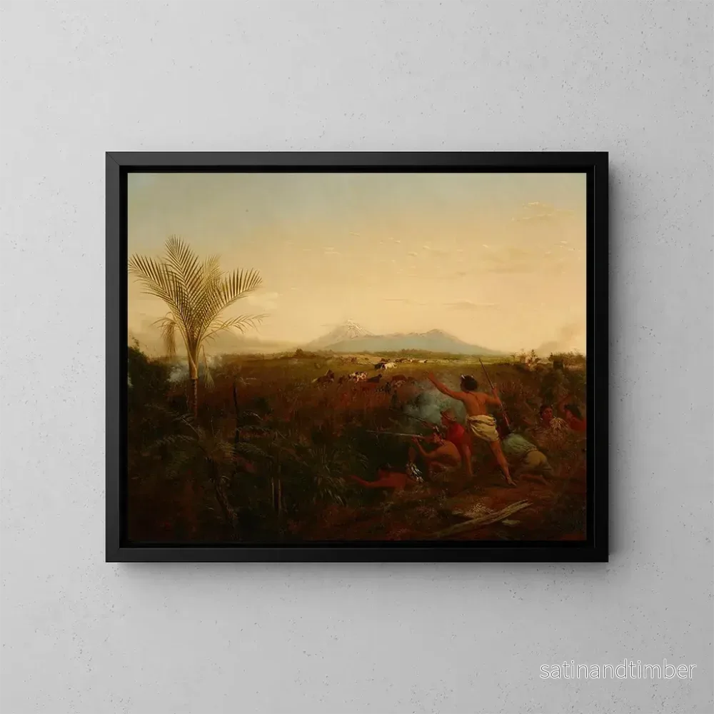 Reproduktion av målningen Vue du mont Egmont, Taranaki, Nouvelle-Zélande, prise depuis New Plymouth avec des Maoris chassant le bétail des colons - William Strutt