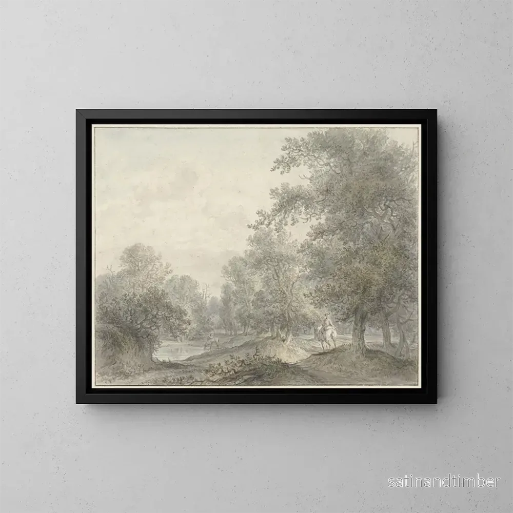 Reproduktion av målningen Landskapsbild av skog med ryttare och damm - Jacobus Versteegen