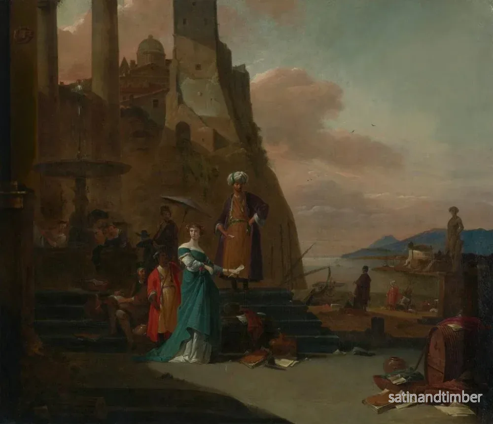 Reproduktion av målningen Eleganta figurer inklusive en man i turkisk kostym på kajen i en medelhavshamn - Thomas Wijck - Bild 2