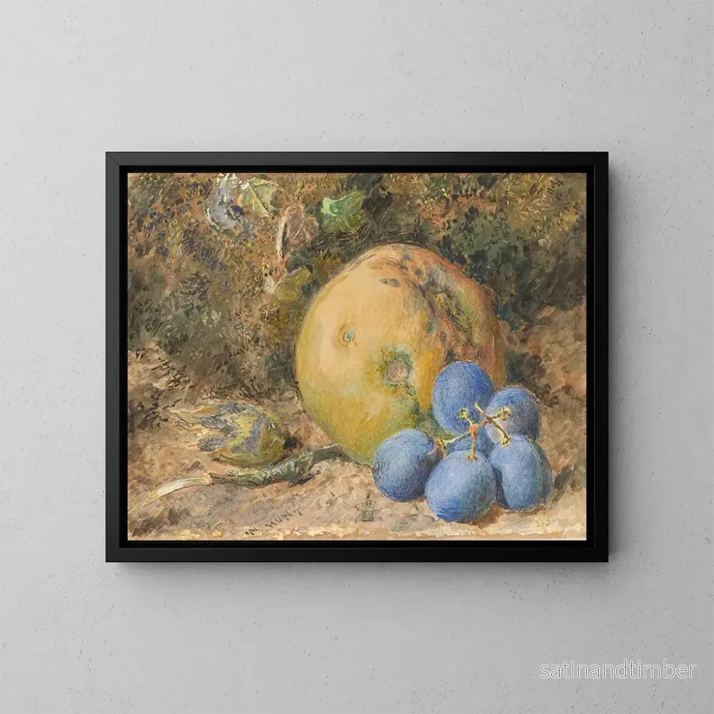 Reproduktion av målningen En äpple, druvor och en hasselnöt på en mossbänk - William Henry Hunt