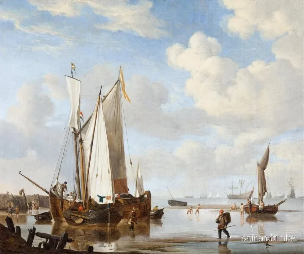 Reproduktion av målningen av ett fartyg och en kajak i en vik nära en havsväggen - Willem van de Velde den yngre - Bild 2