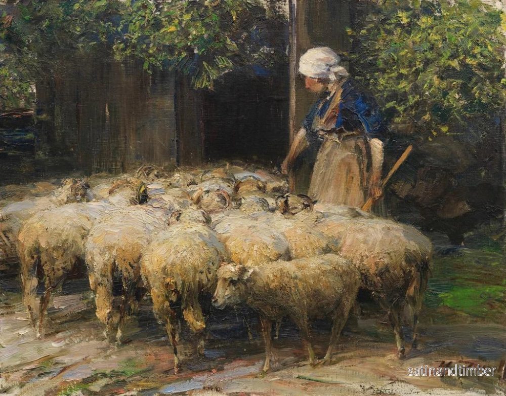 Reproduktion av målningen Bergère med en flock får nära ladan - Heinrich von Zügel - Bild 2