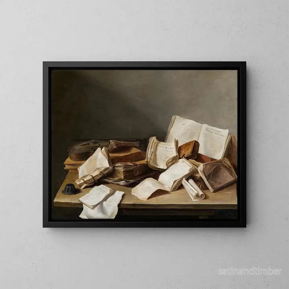 Reproduktion av målningen av stilleben med böcker och en fiol - Jan Davidsz de Heem