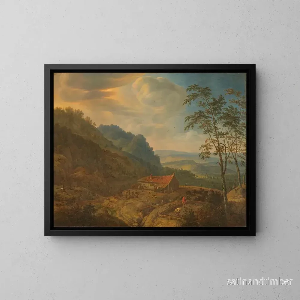 Reproduktion av målningen Landskapsbild av berg med gård - Herman Saftleven