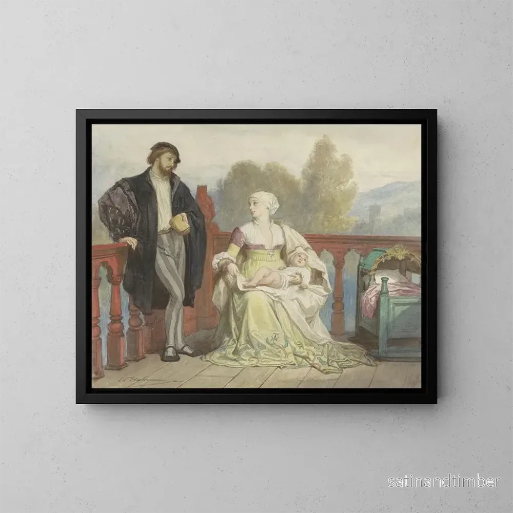 Reproduktion av målningen Francesca de Rimini och Paolo de Polenta med deras barn på en balkong - Édouard Hamman