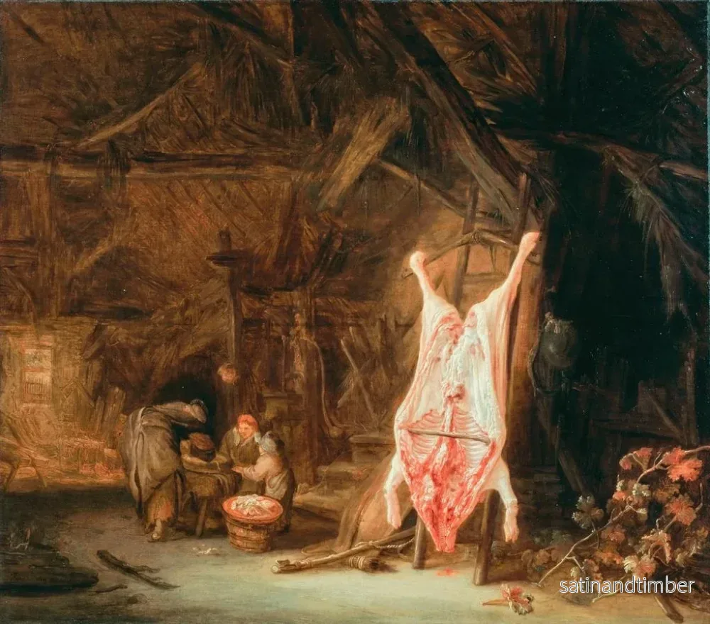 Reproduktion av målningen av inomhusbild av ett stall med en slaktad gris, en kvinna som förbereder kött och två barn därefter - Isaac van Ostade - Bild 2
