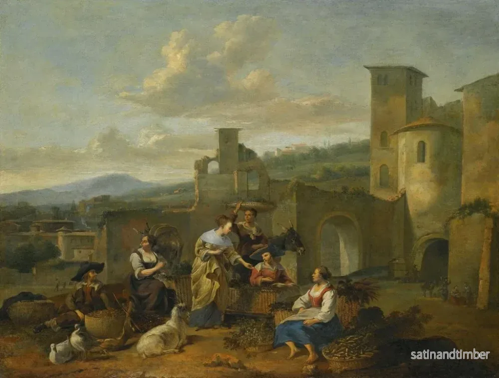 Reproduktion av målningen av ett italienskt landskap med grönsaksförsäljare - Hendrick Mommers - Bild 2