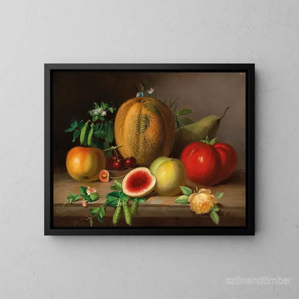 Reproduktion av målningen av köksstilleben med melon, tomat, äpplen, päron och ärtskott i blom - Johann Georg Seitz
