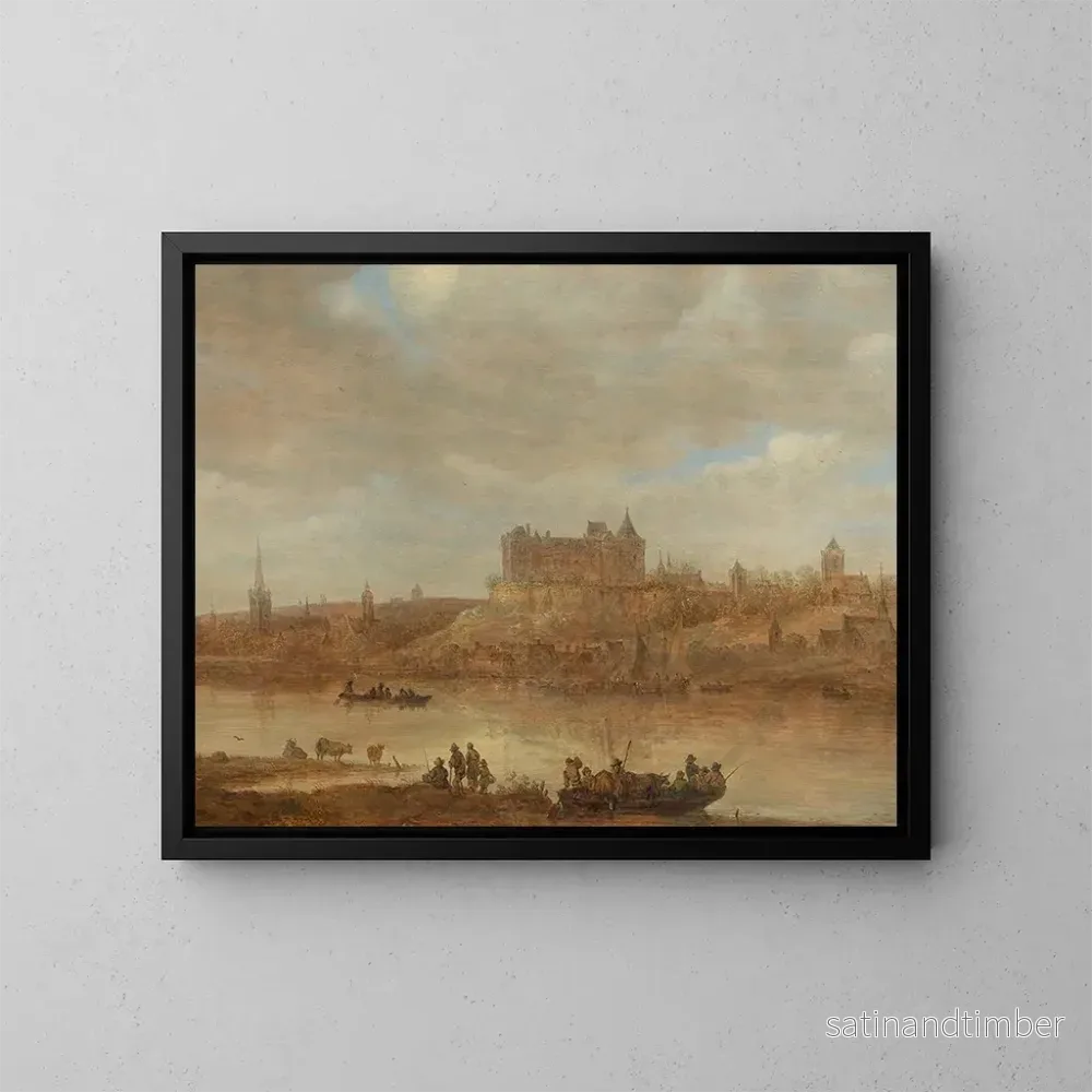 Reproduktion av målningen av ett flodlandskap med en färja och ett slott bortom en stad - Jan van Goyen