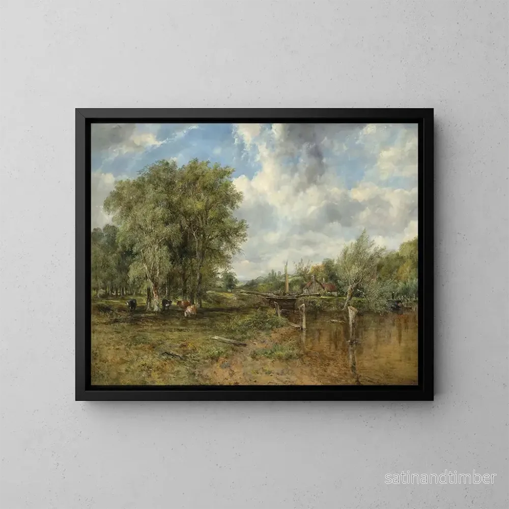 Reproduktion av målningen av ett skogigt landskap med boskap och en stuga i fjärran - Frederick Waters Watts