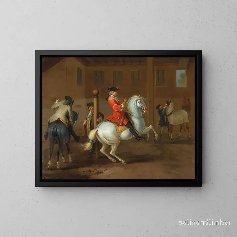 Reproduktion av målningen En ryttare på en grå häst i en ridskola – Johann Georg de Hamilton Reproduktion av målningen En ryttare på en grå häst i en ridskola – Johann Georg de Hamilton