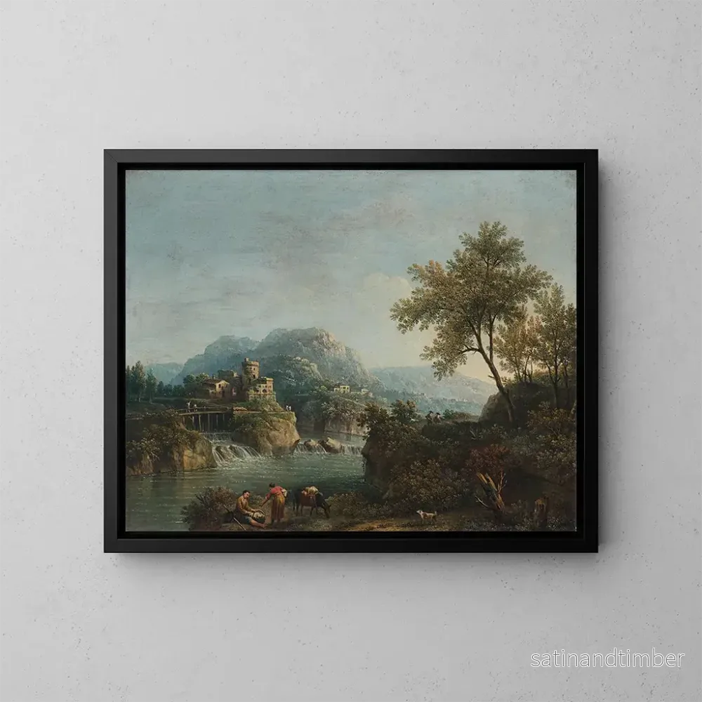 Reproduktion av målningen av flodlandskap med figurer och en åsna - Giovanni Battista Cimaroli