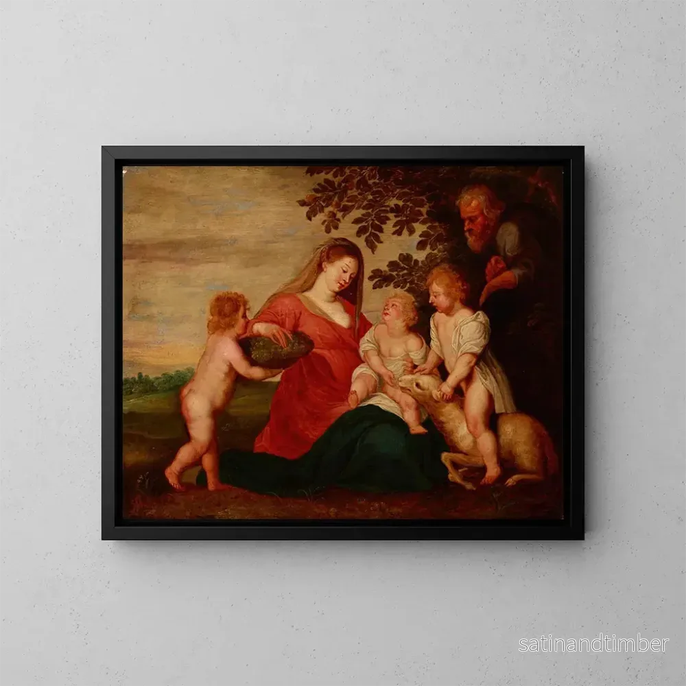 Reproduktion av målningen av den heliga familjen med det heliga barnet Johannes Döparen och en ängel - Skola av Peter Paul Rubens