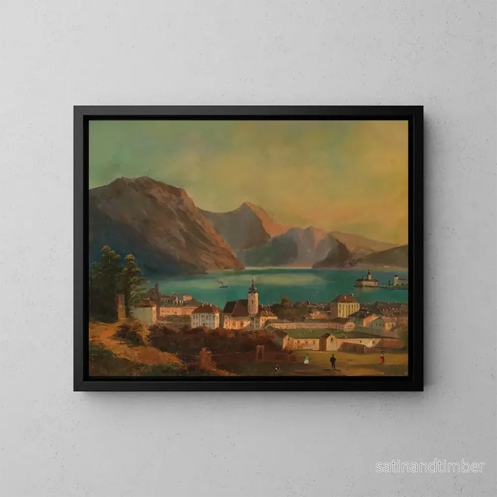 Reproduktion av målningen En vy över Gmunden med Orths slott i bakgrunden – Ferdinand Lepié Reproduktion av målningen En vy över Gmunden med Orths slott i bakgrunden – Ferdinand Lepié