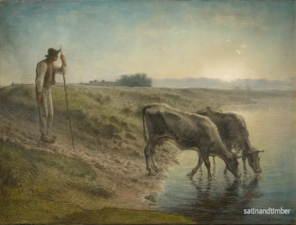 Reproduktion av målningen av bonde som vattnar sina kor vid Alliers strand vid skymningen - Jean-François Millet - Bild 2