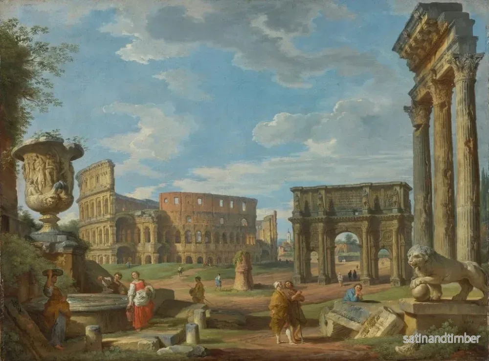 Reproduktion av målningen Caprice sur les monuments romains avec le Colisée et l'arc de Constantin - Giovanni Paolo Panini - Bild 2