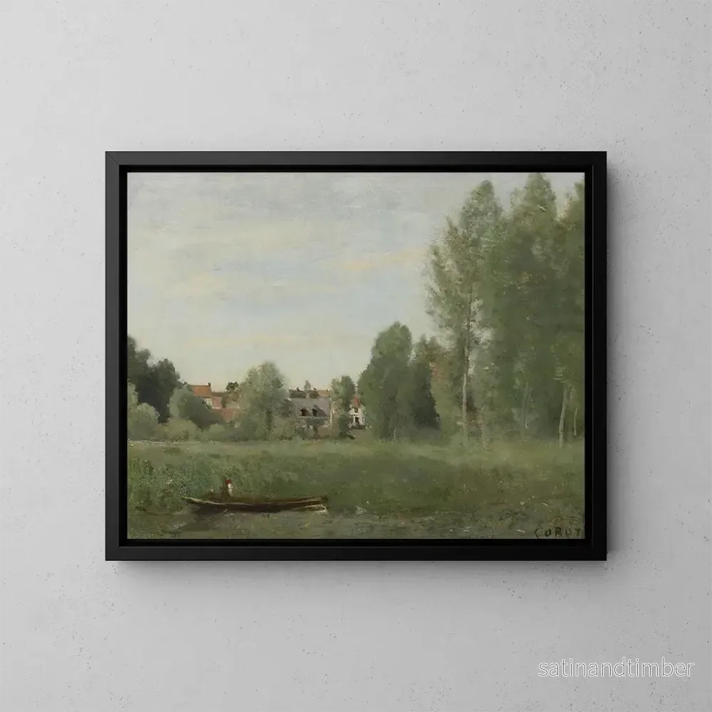 Reproduktion av målningen Omgivningar av Mantes, små bostäder gömda bland träden nära vattenkanten - Jean-Baptiste-Camille Corot