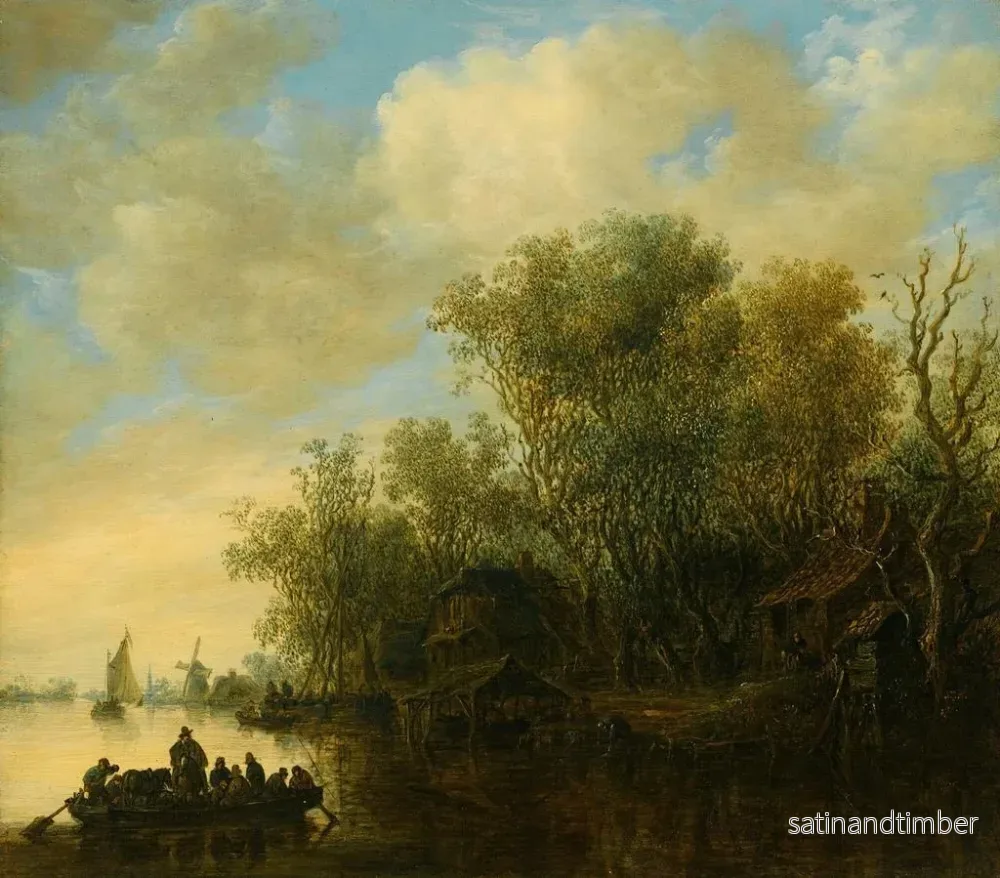 Reproduktion av målningen av ett flodlandskap med en fullt lastad färja som närmar sig en livlig strand - Jan van Goyen - Bild 2