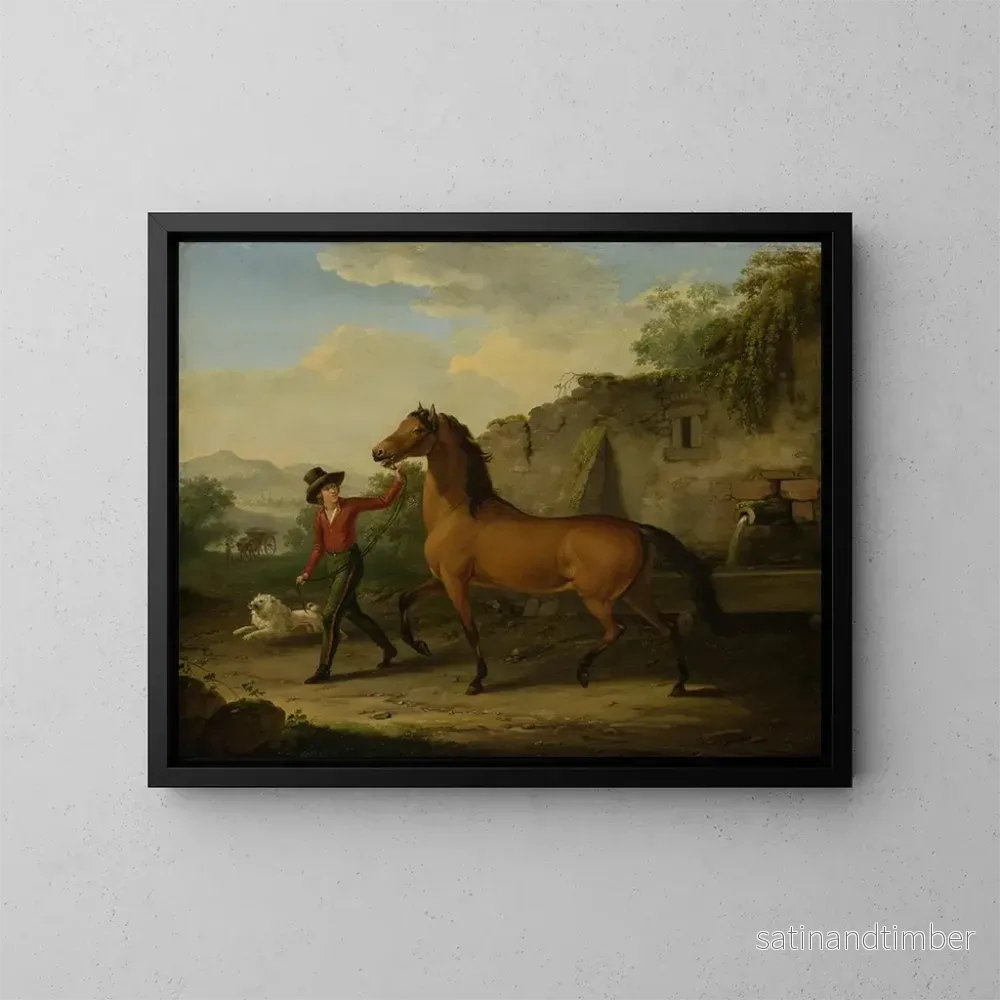 Reproduktion av målningen En stallmästare som leder en hingst till foderhäcken - Johann Georg Pforr